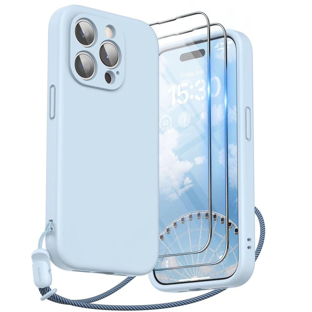 SURPHY Designed for iPhone 15 Pro Case with Screen Protector and Lanyard, Phone Strap and Liquid Silicone Phone Case (Camera Protective + Soft Microfiber Lining) 6.1 inch 2023