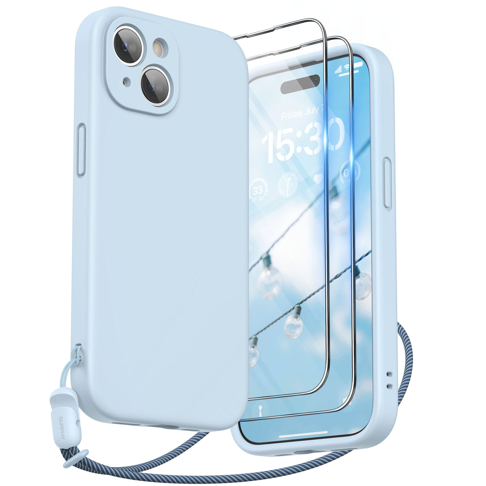 SURPHY Designed for iPhone 15 Plus Case with Screen Protector and Lanyard, Phone Strap and Liquid Silicone Phone Case (Camera Protective + Soft Microfiber Lining) 6.7 inch 2023