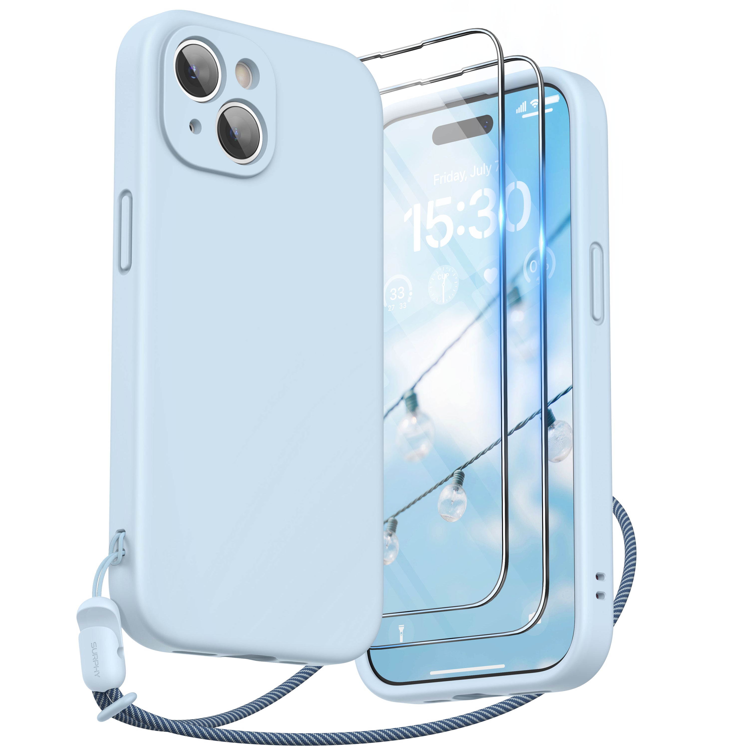 SURPHY Designed for iPhone 15 Plus Case with Screen Protector and Lanyard, Phone Strap and Liquid Silicone Phone Case (Camera Protective + Soft Microfiber Lining) 6.7 inch 2023