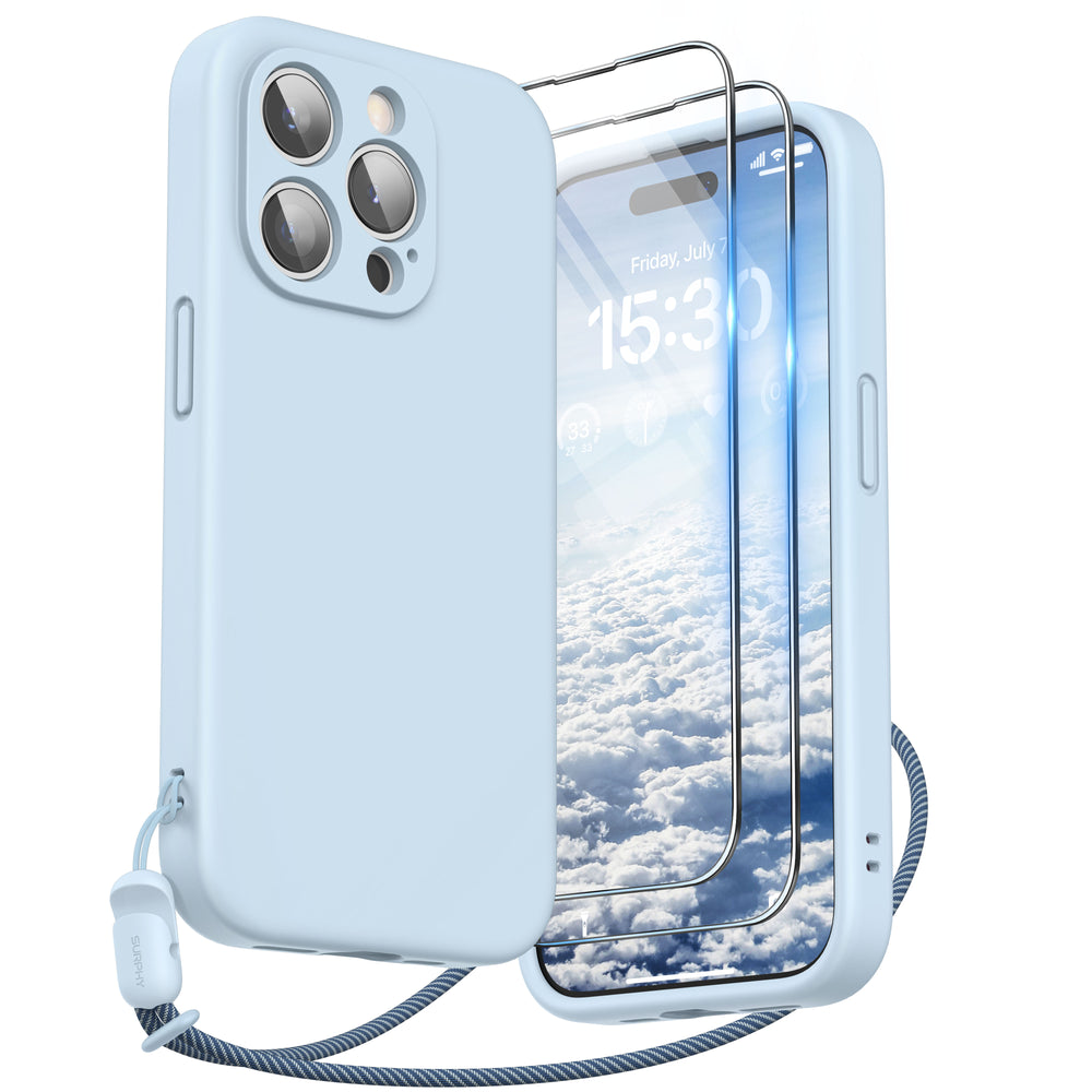 SURPHY Designed for iPhone 15 Pro Max Case with Screen Protector and Lanyard, Phone Strap and Liquid Silicone Phone Case (Camera Protective + Soft Microfiber Lining) 6.7 inch 2023