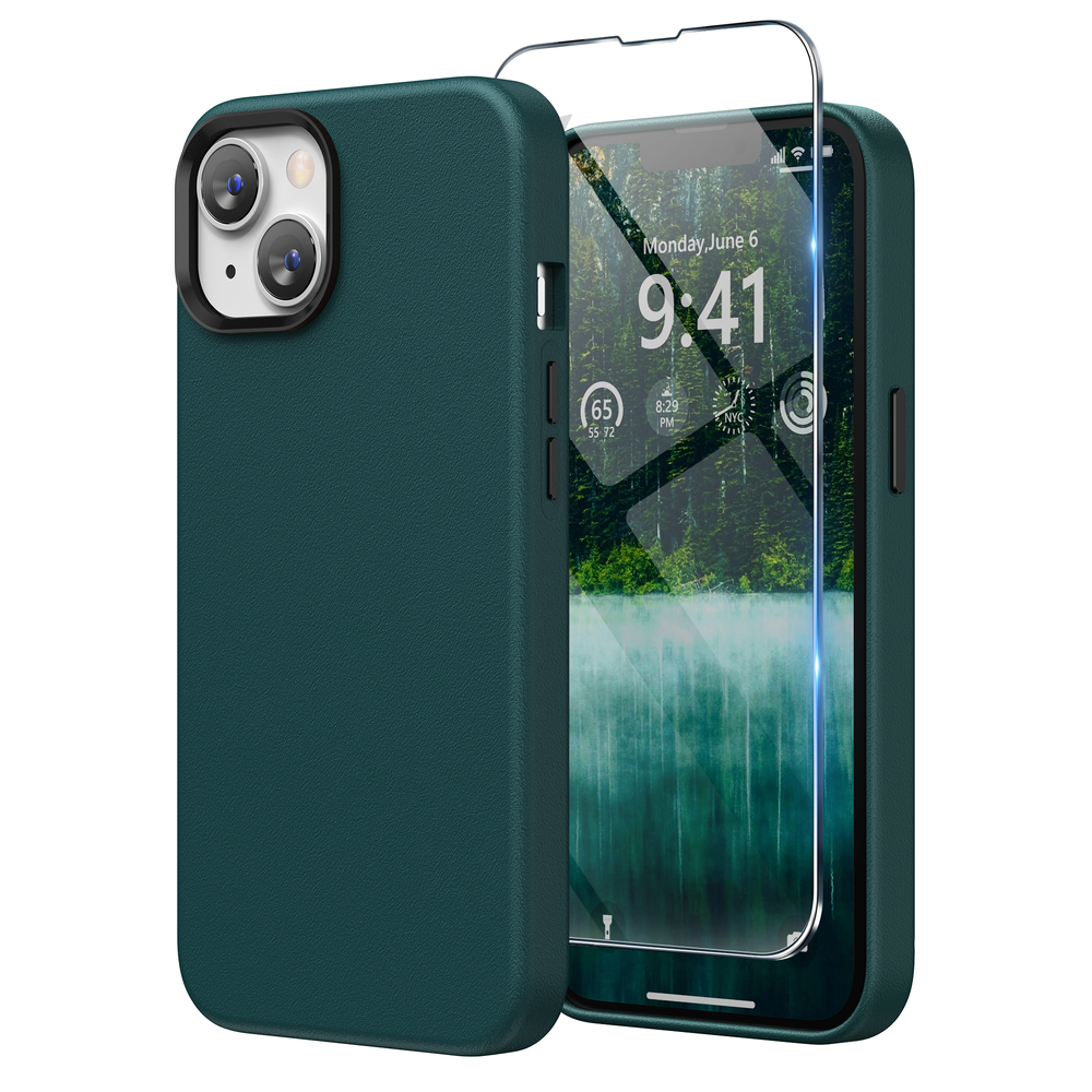 SURPHY Designed for Faux Leather iPhone 14 Plus Case with Screen Protector (6.7 inch), Metallic Buttons & Microfiber Lining Leather Phone Case for 14 Plus