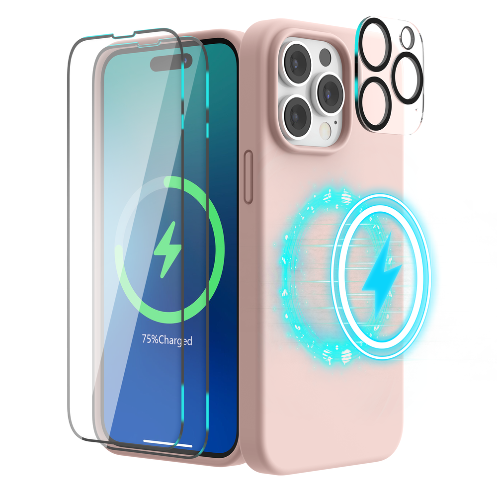 SURPHY (4-in-1-Hülle, entworfen für iPhone 14 Pro Max, kompatibel mit MagSafe (6,7 Zoll, 2022), mit 2er-Pack Displayschutzfolie + Kameraabdeckung, flüssige Silikon-Handyhülle