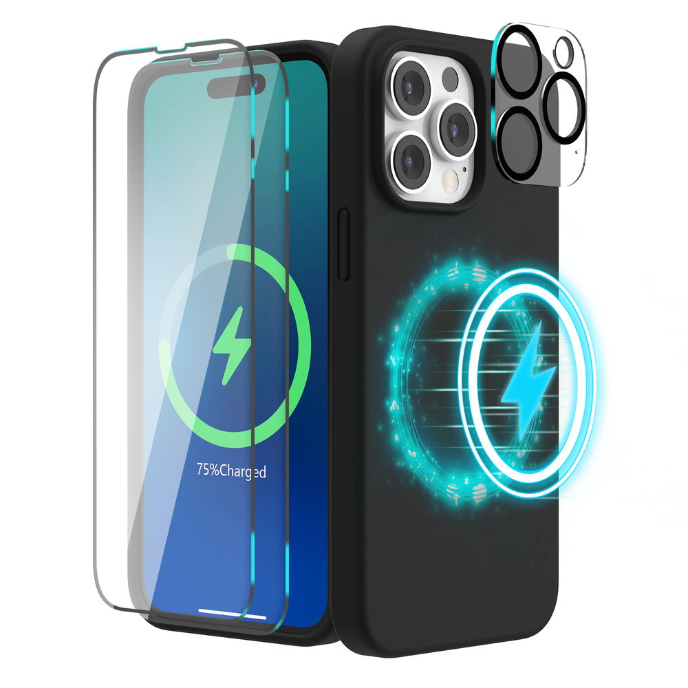 SURPHY (4-in-1-Hülle, entworfen für iPhone 14 Pro Max, kompatibel mit MagSafe (6,7 Zoll, 2022), mit 2er-Pack Displayschutzfolie + Kameraabdeckung, flüssige Silikon-Handyhülle