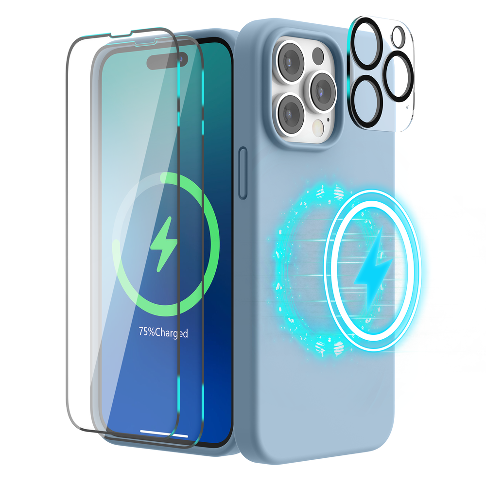SURPHY (4-in-1-Hülle, entworfen für iPhone 14 Pro Max, kompatibel mit MagSafe (6,7 Zoll, 2022), mit 2er-Pack Displayschutzfolie + Kameraabdeckung, flüssige Silikon-Handyhülle