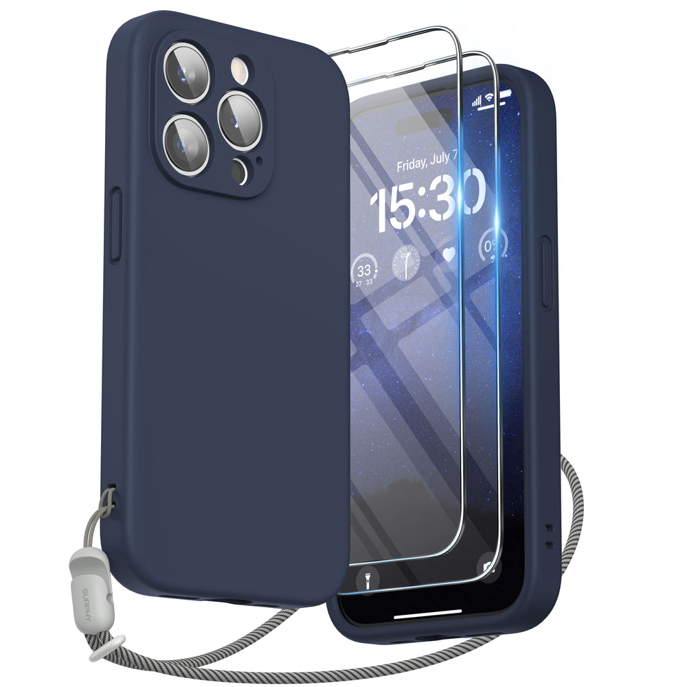 SURPHY Designed for iPhone 15 Pro Case with Screen Protector and Lanyard, Phone Strap and Liquid Silicone Phone Case (Camera Protective + Soft Microfiber Lining) 6.1 inch 2023