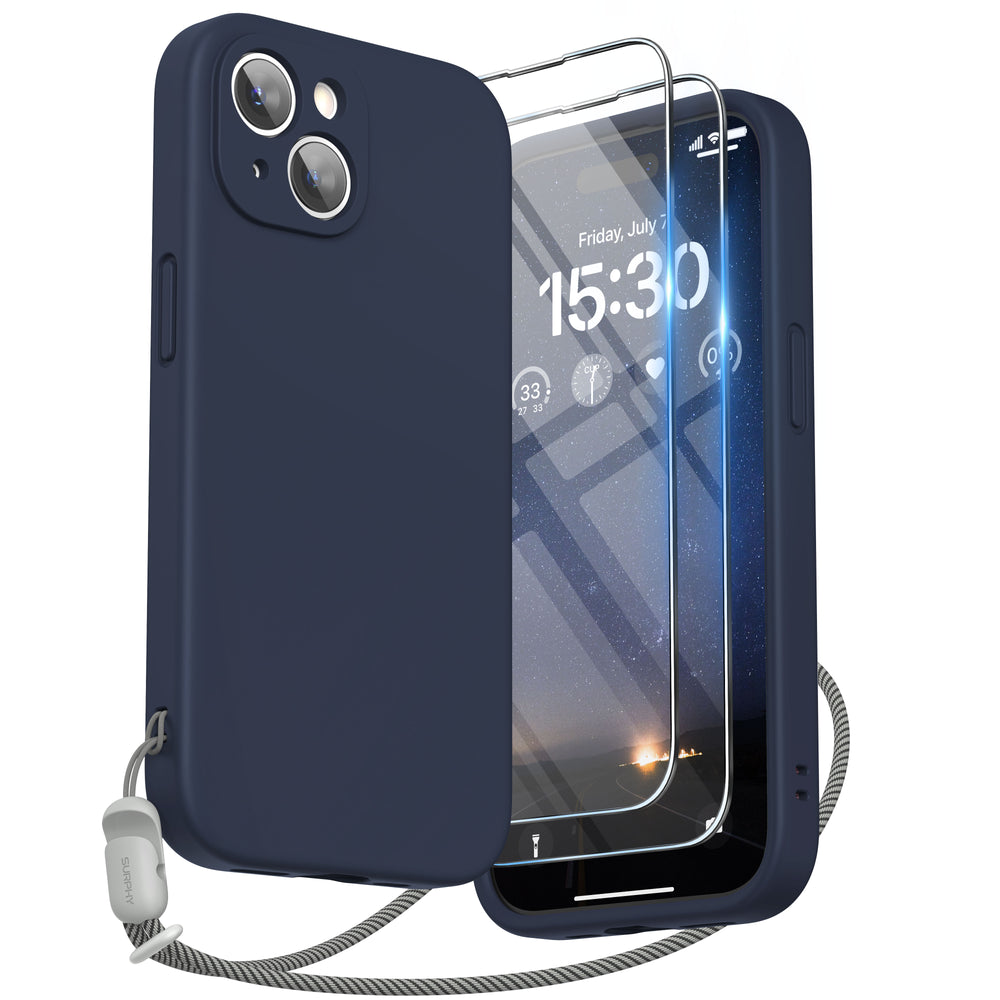 SURPHY Designed for iPhone 15 Plus Case with Screen Protector and Lanyard, Phone Strap and Liquid Silicone Phone Case (Camera Protective + Soft Microfiber Lining) 6.7 inch 2023