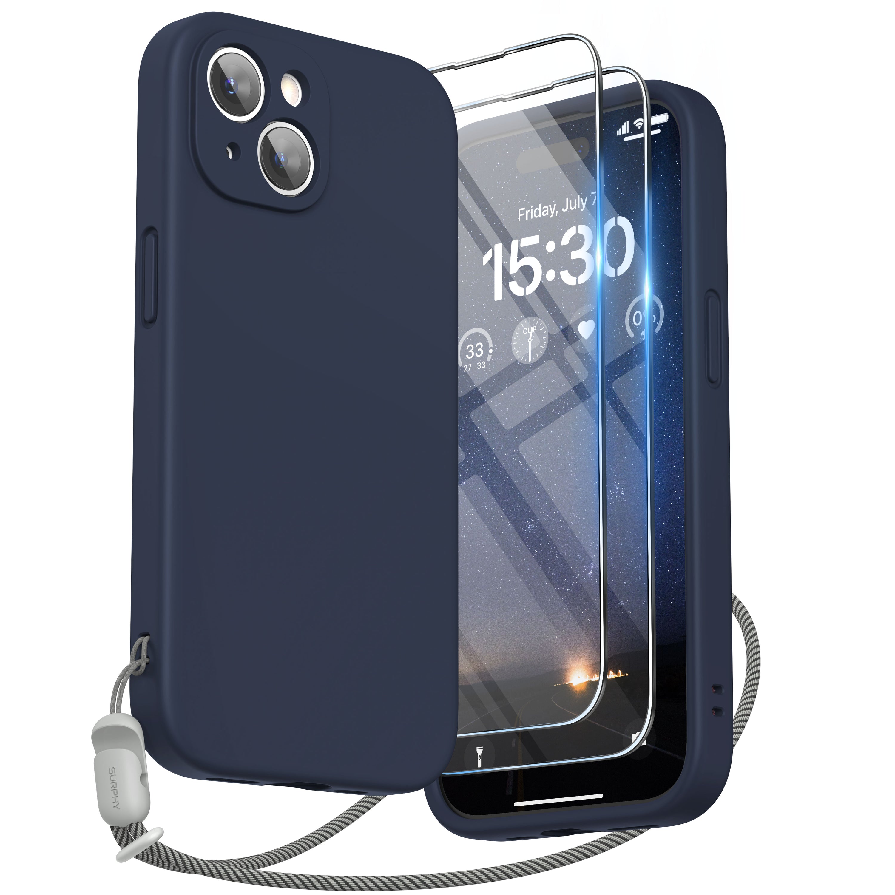 SURPHY Designed for iPhone 15 Plus Case with Screen Protector and Lanyard, Phone Strap and Liquid Silicone Phone Case (Camera Protective + Soft Microfiber Lining) 6.7 inch 2023