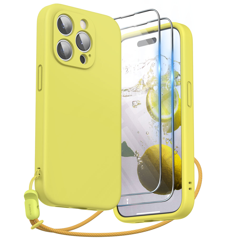 SURPHY Designed for iPhone 15 Pro Case with Screen Protector and Lanyard, Phone Strap and Liquid Silicone Phone Case (Camera Protective + Soft Microfiber Lining) 6.1 inch 2023