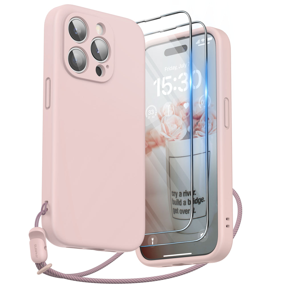 SURPHY Designed for iPhone 15 Pro Case with Screen Protector and Lanyard, Phone Strap and Liquid Silicone Phone Case (Camera Protective + Soft Microfiber Lining) 6.1 inch 2023