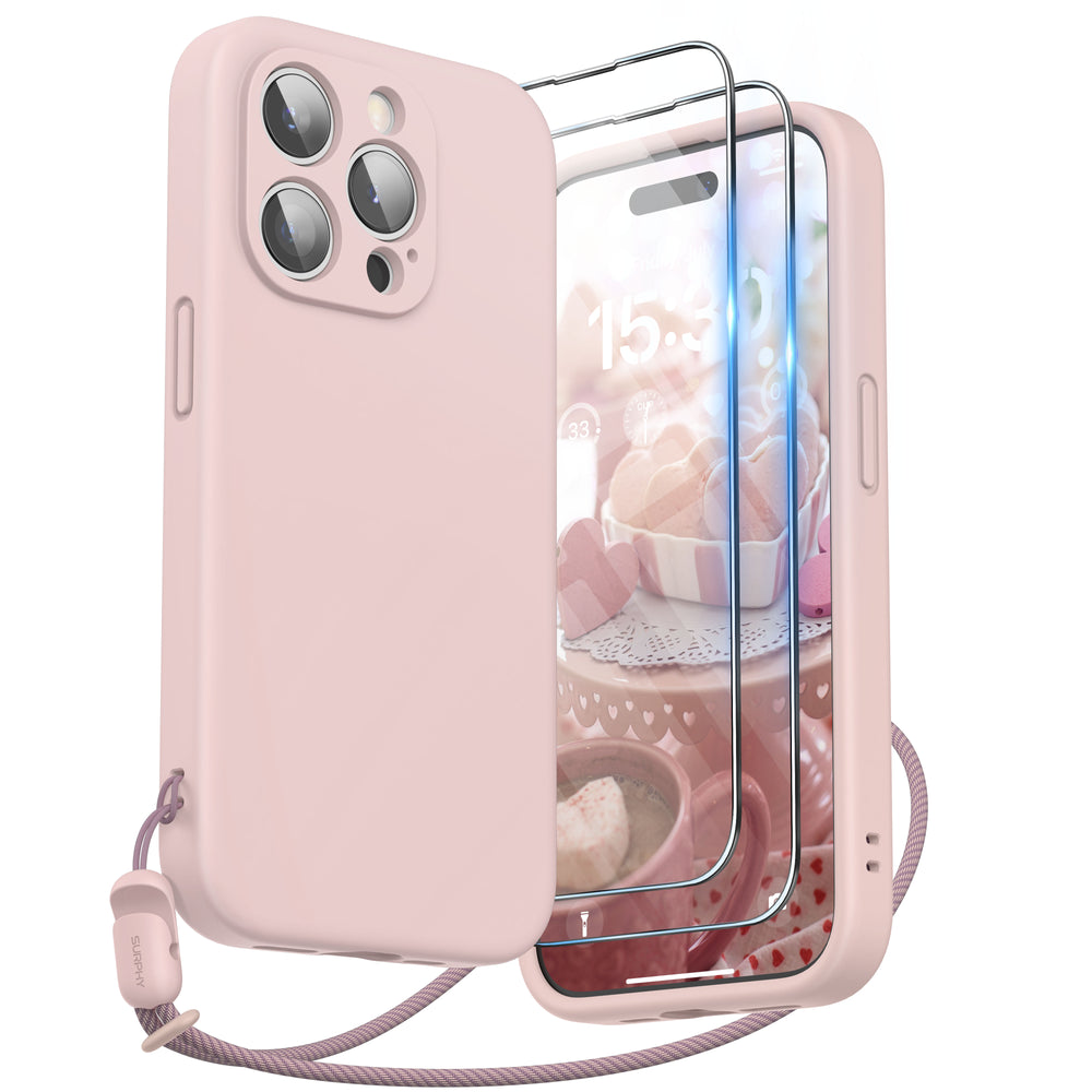 SURPHY Designed for iPhone 15 Pro Max Case with Screen Protector and Lanyard, Phone Strap and Liquid Silicone Phone Case (Camera Protective + Soft Microfiber Lining) 6.7 inch 2023