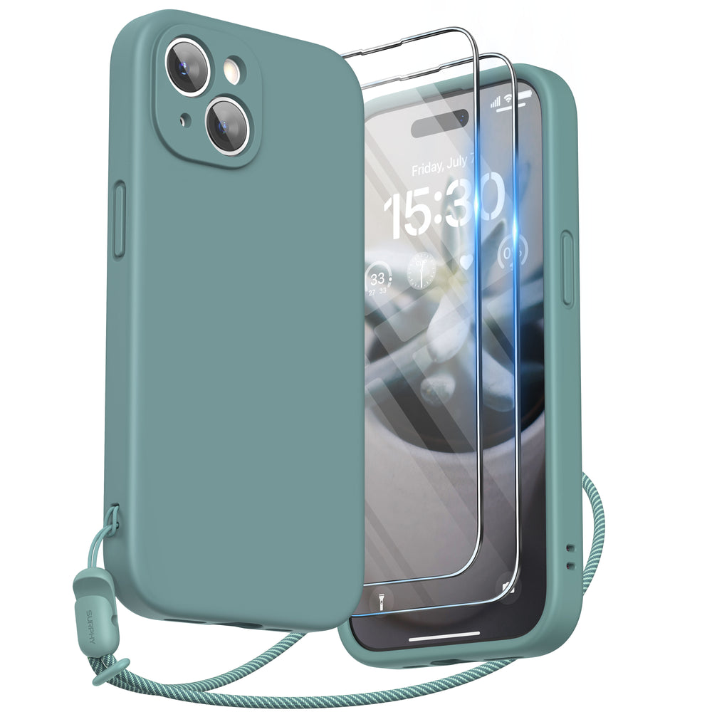 SURPHY Designed for iPhone 15 Plus Case with Screen Protector and Lanyard, Phone Strap and Liquid Silicone Phone Case (Camera Protective + Soft Microfiber Lining) 6.7 inch 2023