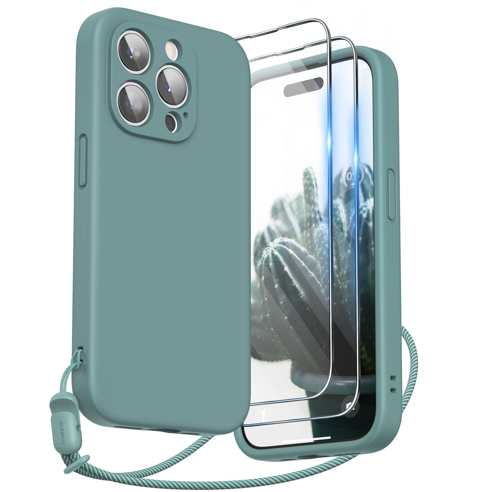 SURPHY Designed for iPhone 15 Pro Case with Screen Protector and Lanyard, Phone Strap and Liquid Silicone Phone Case (Camera Protective + Soft Microfiber Lining) 6.1 inch 2023