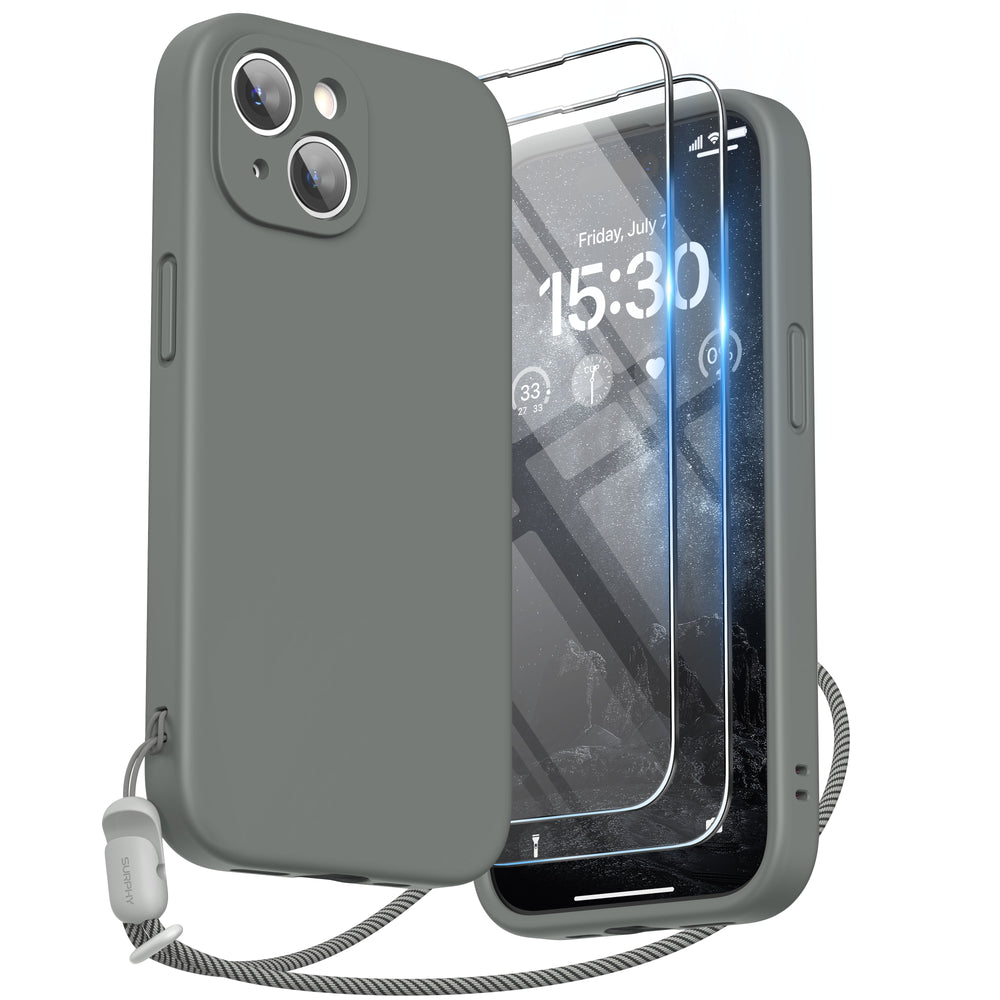 SURPHY Designed for iPhone 15 Plus Case with Screen Protector and Lanyard, Phone Strap and Liquid Silicone Phone Case (Camera Protective + Soft Microfiber Lining) 6.7 inch 2023