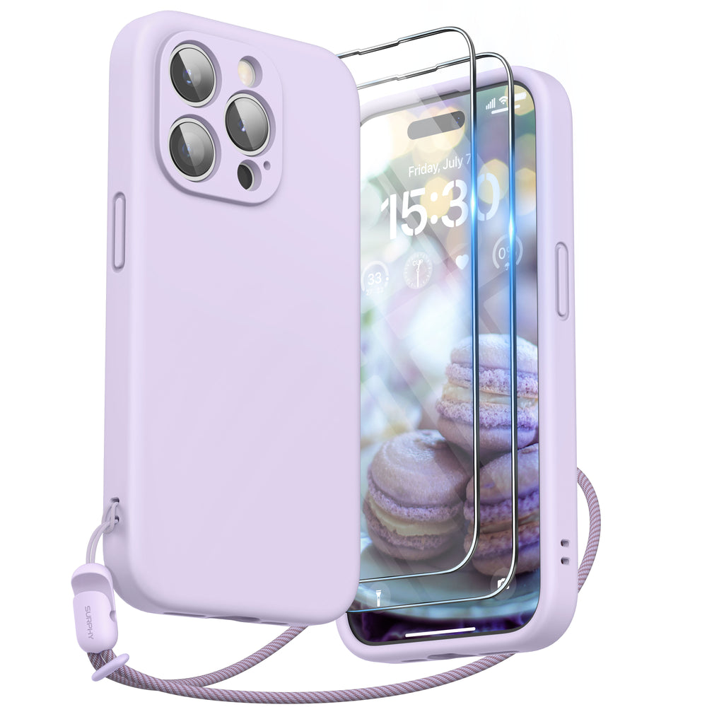 SURPHY Designed for iPhone 15 Pro Max Case with Screen Protector and Lanyard, Phone Strap and Liquid Silicone Phone Case (Camera Protective + Soft Microfiber Lining) 6.7 inch 2023
