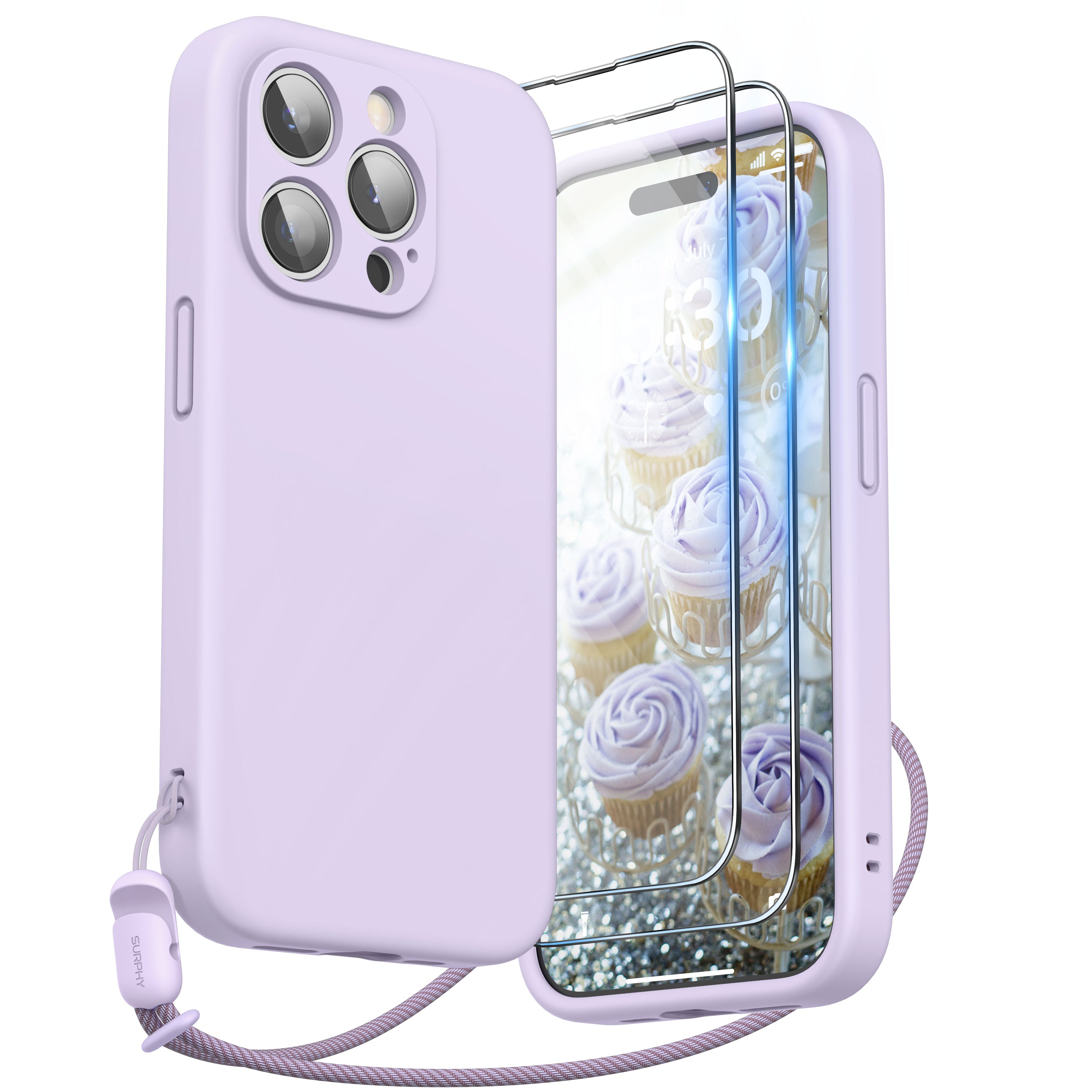 SURPHY Designed for iPhone 15 Pro Case with Screen Protector and Lanyard, Phone Strap and Liquid Silicone Phone Case (Camera Protective + Soft Microfiber Lining) 6.1 inch 2023