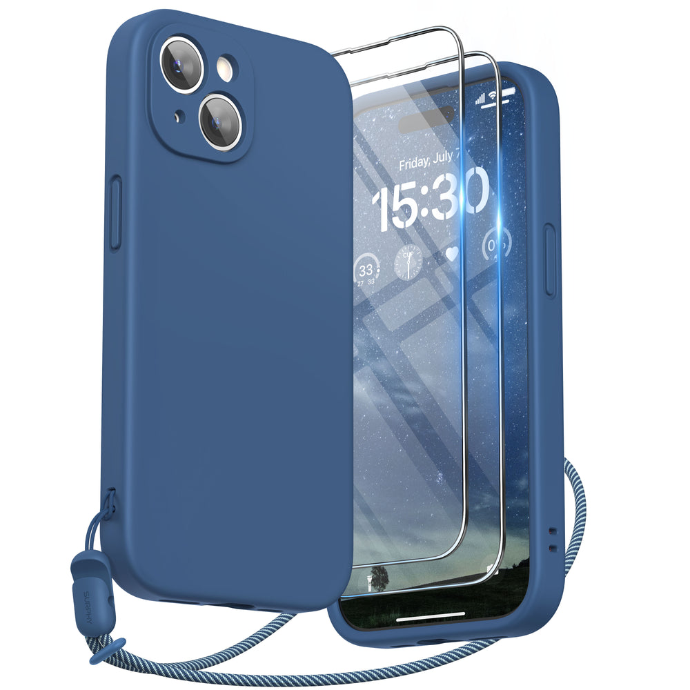 SURPHY Designed for iPhone 15 Plus Case with Screen Protector and Lanyard, Phone Strap and Liquid Silicone Phone Case (Camera Protective + Soft Microfiber Lining) 6.7 inch 2023
