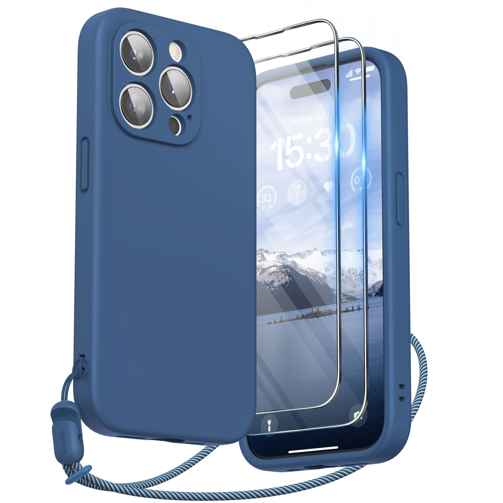 SURPHY Designed for iPhone 15 Pro Case with Screen Protector and Lanyard, Phone Strap and Liquid Silicone Phone Case (Camera Protective + Soft Microfiber Lining) 6.1 inch 2023
