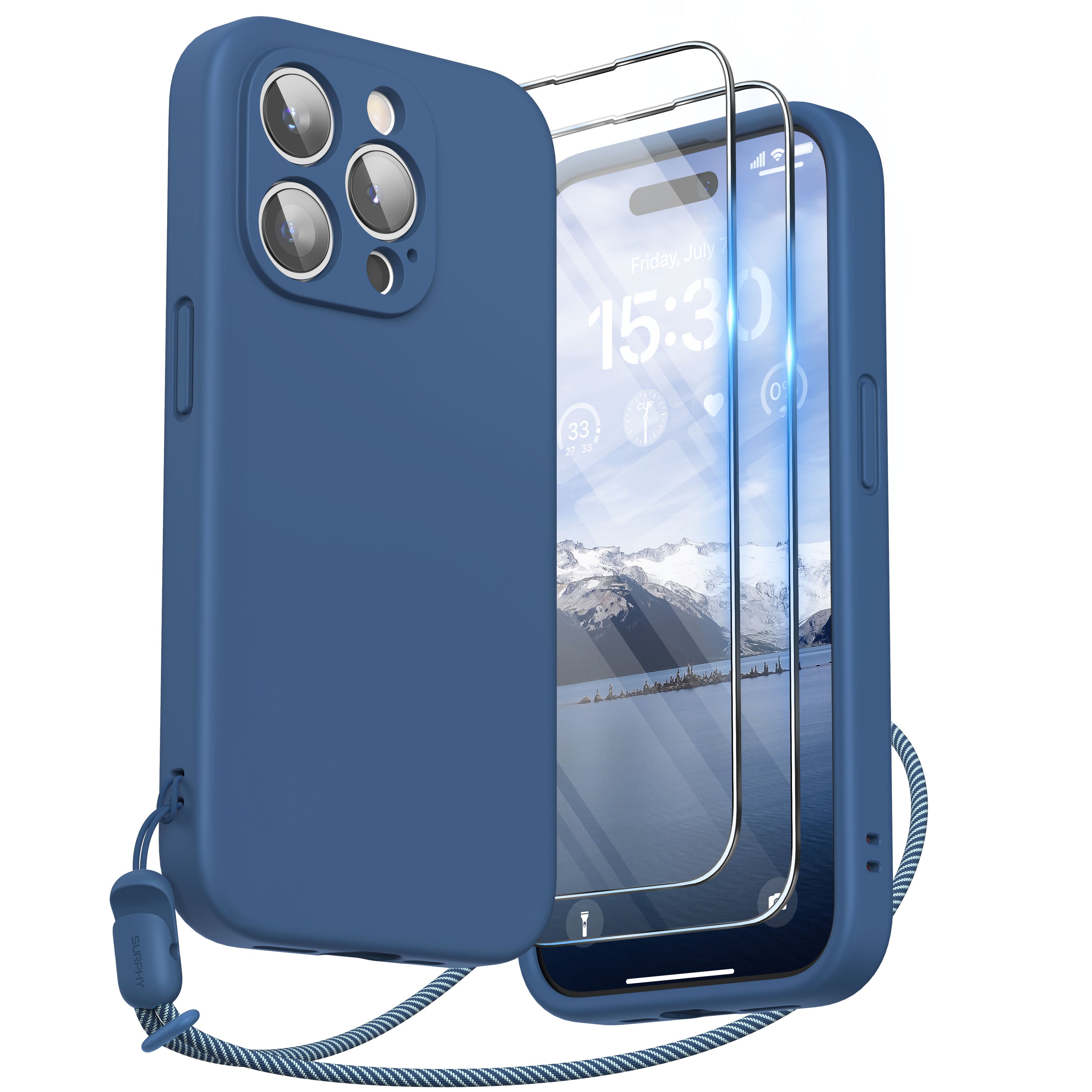 SURPHY Designed for iPhone 15 Pro Case with Screen Protector and Lanyard, Phone Strap and Liquid Silicone Phone Case (Camera Protective + Soft Microfiber Lining) 6.1 inch 2023