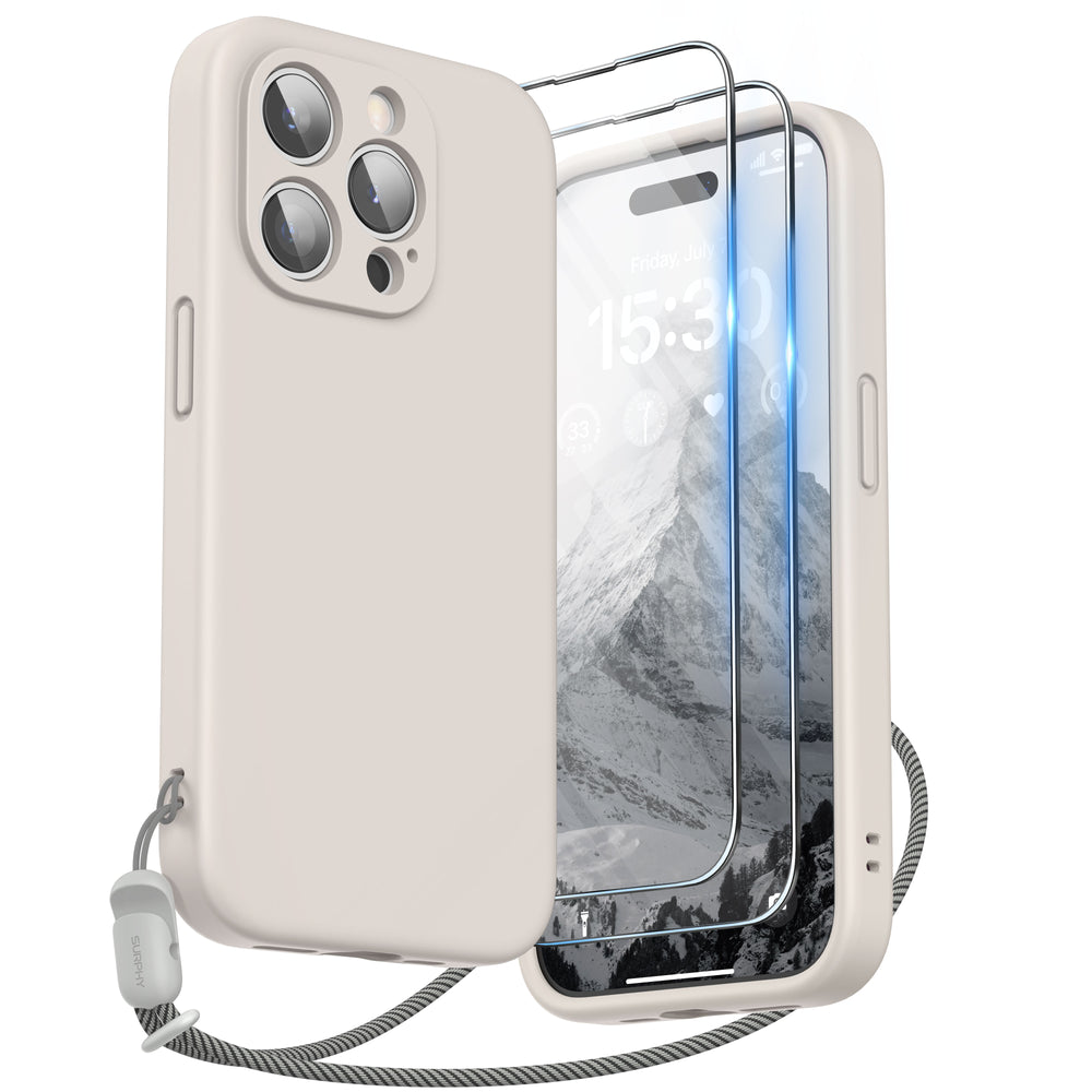 SURPHY Designed for iPhone 15 Pro Case with Screen Protector and Lanyard, Phone Strap and Liquid Silicone Phone Case (Camera Protective + Soft Microfiber Lining) 6.1 inch 2023