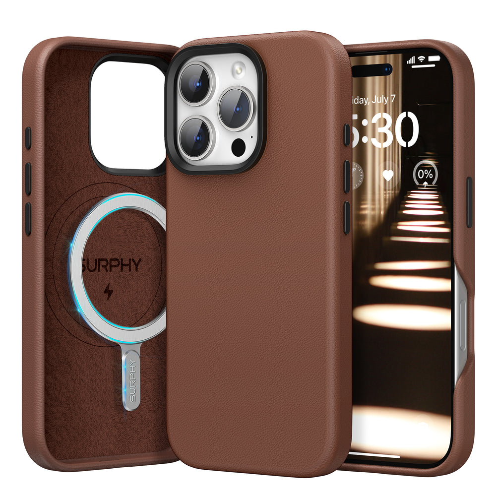 SURPHY Designed for iPhone 16 Pro Leather Case Compatible with MagSafe, Faux Leather Phone Case (Metallic Buttons, Microfiber Lining) for 16 Pro 6.3 inch 2024