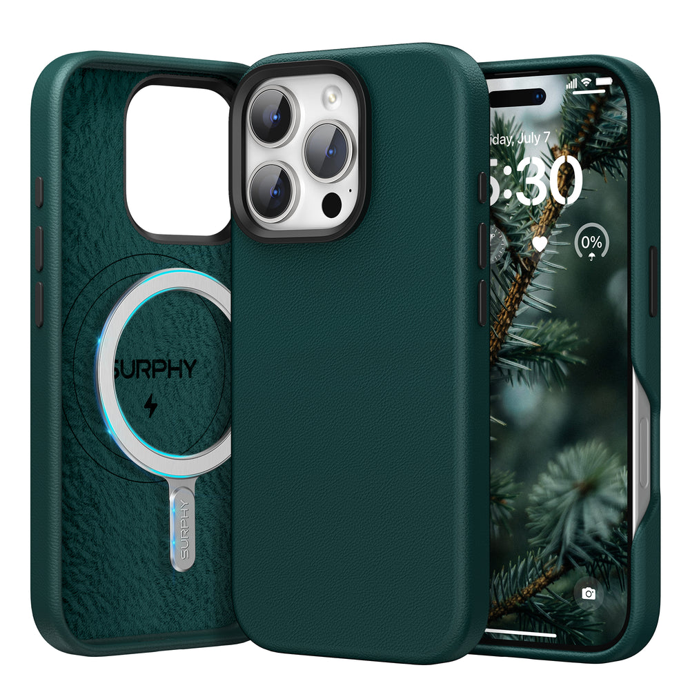 SURPHY Leather Case for iPhone 16 Pro Max Compatible with MagSafe, Faux Leather Phone Case (Metallic Buttons, Microfiber Lining) for 16 Pro Max 6.9 inch 2024