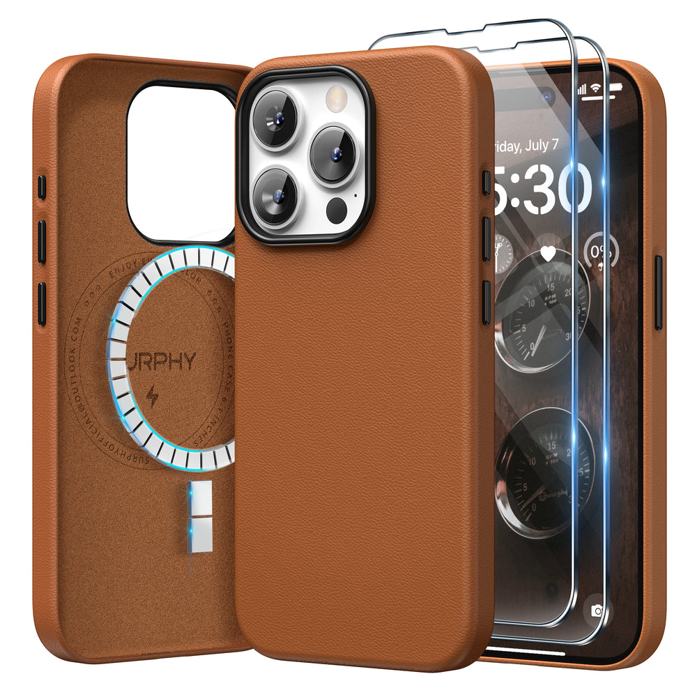 SURPHY Designed for iPhone 15 Pro Leather Case with Screen Protector Compatible with MagSafe, Faux Leather Case (Metallic Buttons & Microfiber Lining) for 15 Pro 6.1 inch 2023